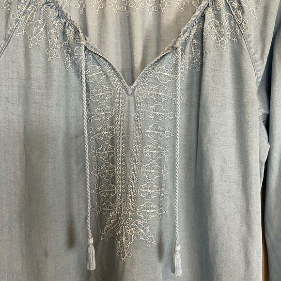 J Jill Denim Womens Chambray Embroidered Top Size M Blue Long Sleeve Tassel Boho - Picture 5 of 12